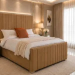 Walnut Brown King Size Bed – Stylish Panel Line King Size Bed with Mattress