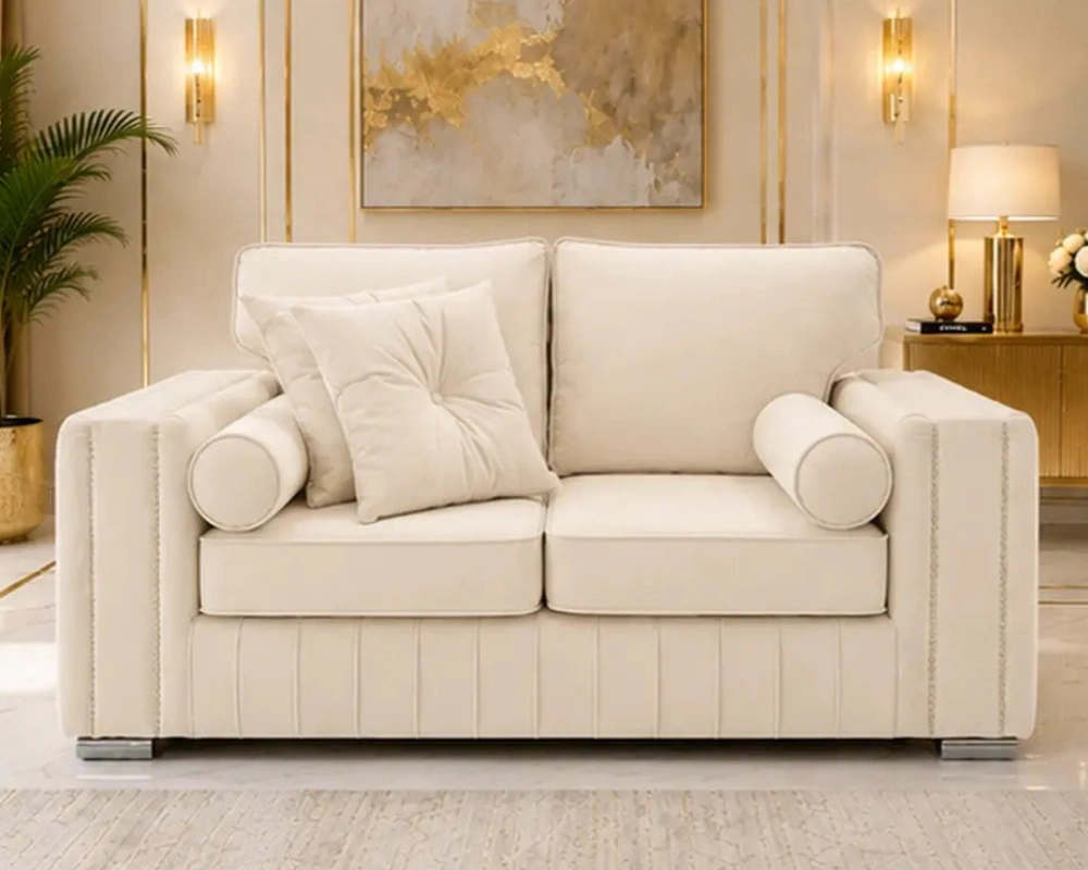 9 Designer Luxury Lounge Sofa for Premium Home Interiors - Copy Modern 2 Seater Cream Sofa – Premium Designer Sofa with Plush Cushions & Gold Details - Image 1