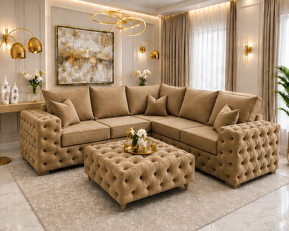 9 Stylish Contemporary Corner Lounge Suite with Refined Decorative Details Luxury 5 Seater Oak Corner Sofa – Elegant Chesterfield Style Lounge Suite - Image 1