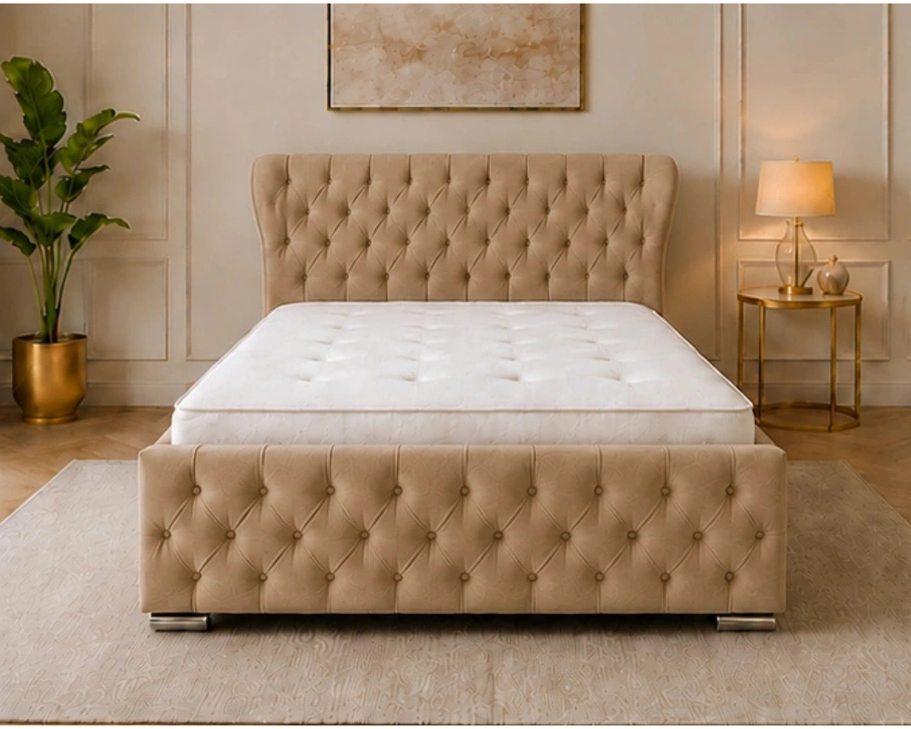 9 Stylish Tufted Headboard Bed – Contemporary Bedroom Furniture Stone Beige Oxford Super King Bed – Luxury Upholstered Headboard with Premium Mattress - Image 1