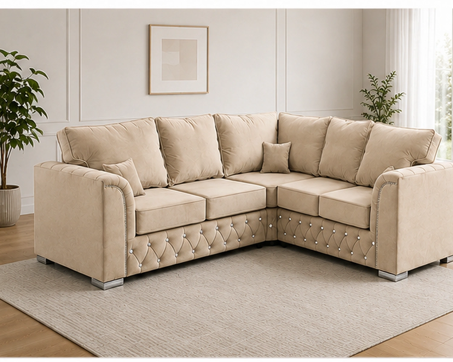 Beige L Shape Chesterfield Corner Sofa – Luxury Buttoned Design Luxury Camel Fabric L-Shaped Sofa – Elegant Camel L-Shaped Sofa – Comfortable Premium Corner Seating - Image 1