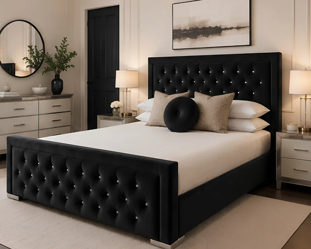 Black Bed with Headboard Premium Black Hilton Super King Bed with mattress – 6ft 200 × 200 cm With mattress - Stylish Upholstered Design - Image 1