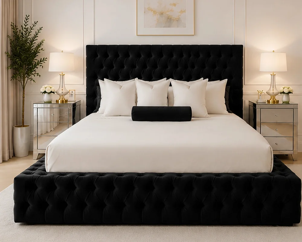 Black Elegant Tufted Design Luxury Black Ambassador Super King Bed with Mattress – 6ft | 200 × 200 cm - Image 1