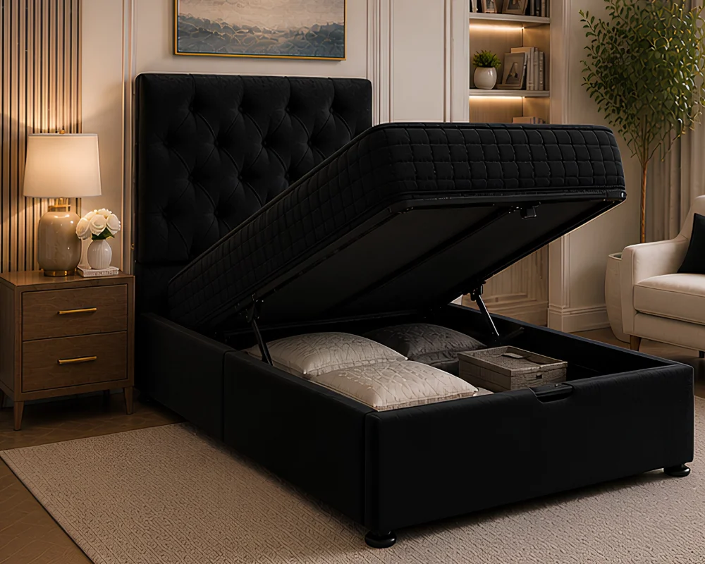 Black Upholstered Single Bed Single Ottoman Divan Style Bed with Mattress - Elegant Single Ottoman Storage Bed - Image 1