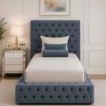 Glamorous Blue Upholstered Single Bed with mattress – Luxury Tufted Headboard & Footboard
