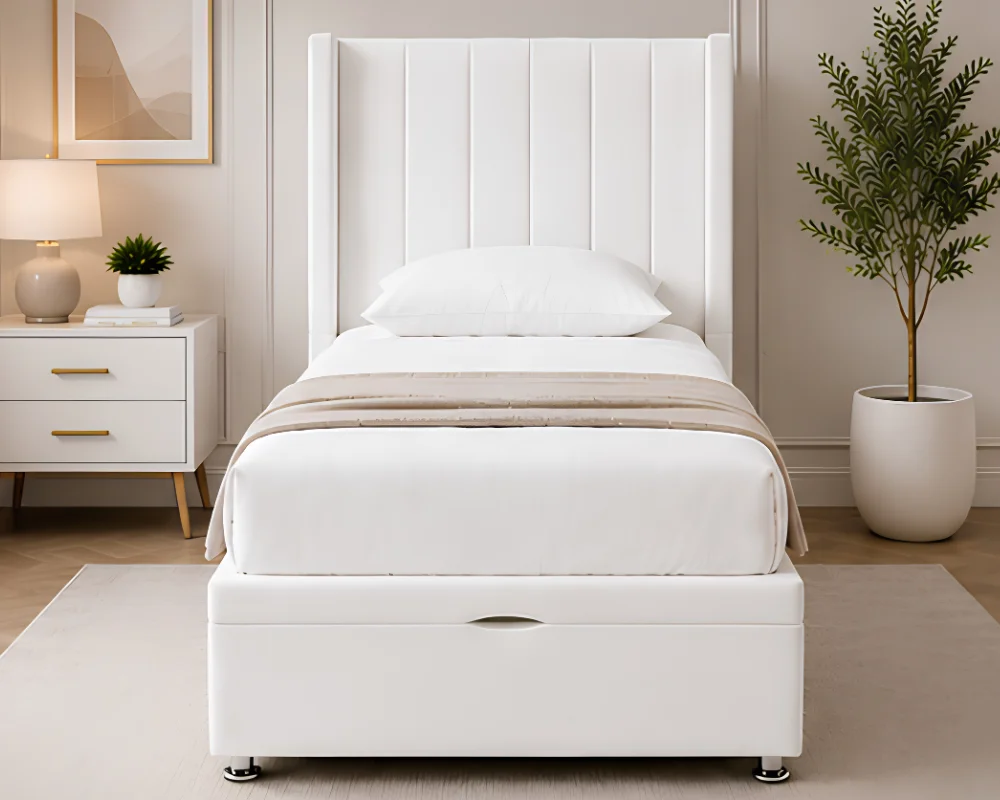 Classic White Single Bed Single Space Saving Ottoman Bed - Single Lift Up Ottoman Bed with Mattress - Image 1