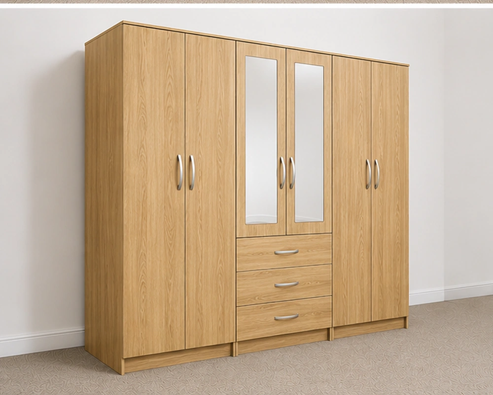 Contemporary 6-Door Wardrobe with Center Storage Modern 6 Door Oak Colour Wardrobe with 3 Drawers & 2 Mirrors – Bedroom Storage Cabinet - Image 1