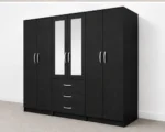 6 Door Black Wardrobe with 3 Drawers & Double Mirrors  –   Modern Bedroom Storage Cabinet - Image 3