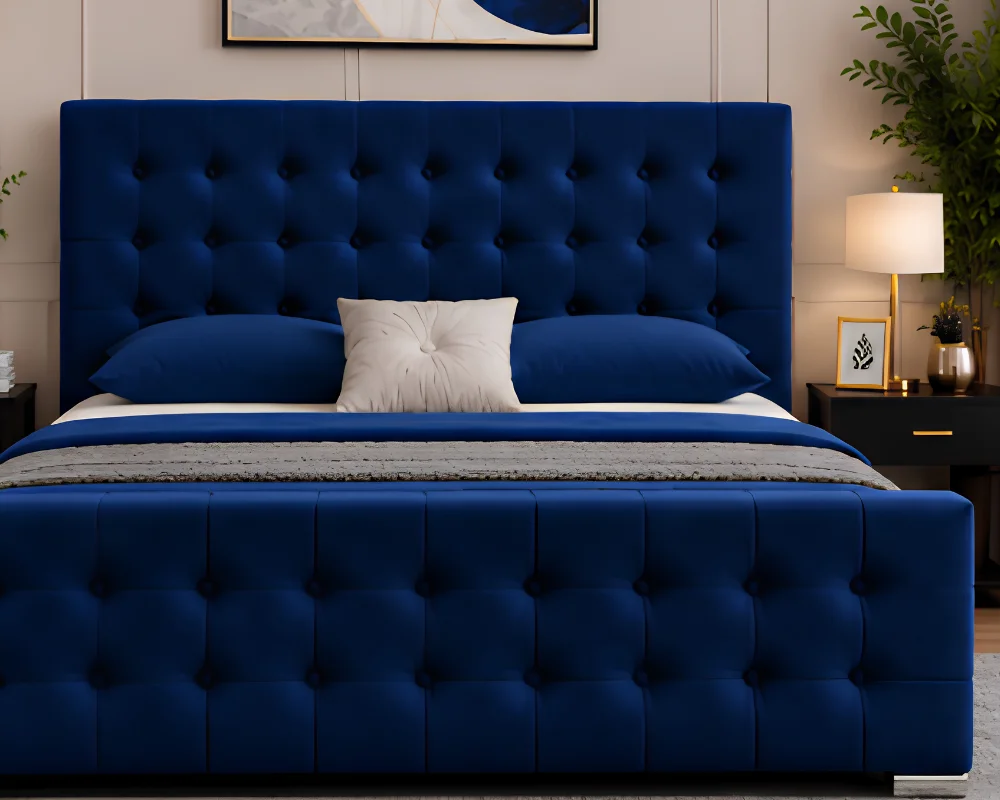 Contemporary Blue Bed with Matching Footboard (2) Royal Navy Tufted Bed with Mattress – Luxury Upholstered Double Bed 160×200 cm / 4ft 6in - Image 1