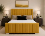 Gold Double Panel Bed – Panel Wingback Double Bed with Mattress – 160 x 200 cm