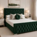Rich Green Hilton King Bed with Mattress – Stylish Padded Headboard Design