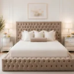 Classic Warm Beige Ambassador Super King bed with mattress – Spacious 200 × 200 cm Design