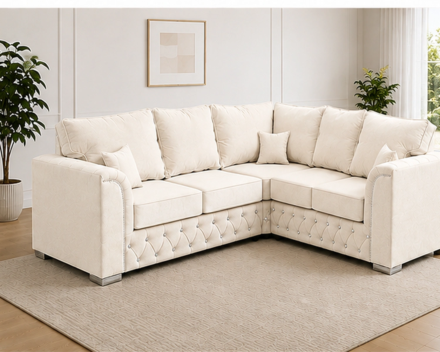 Cream L Shape Chesterfield Corner Sofa – Luxury Buttoned Design Stylish Camel Sectional Sofa – Luxury L-Shaped Corner Design - Malibu Sofa - Image 1