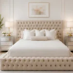 Stylish Cream Button-Tufted Double Bed  with Mattress