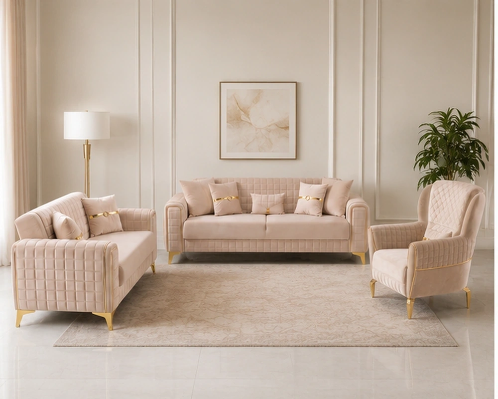 Cream Velvet Sofa Bed – Sophisticated Quilted Style with Gold Metal Legs ALTUS Premium Velvet 3+2+1 Sofa set– Turkish Modern Design with Higher Comfortable Seating | 3+2+1 Seater Sofa Set - Image 1