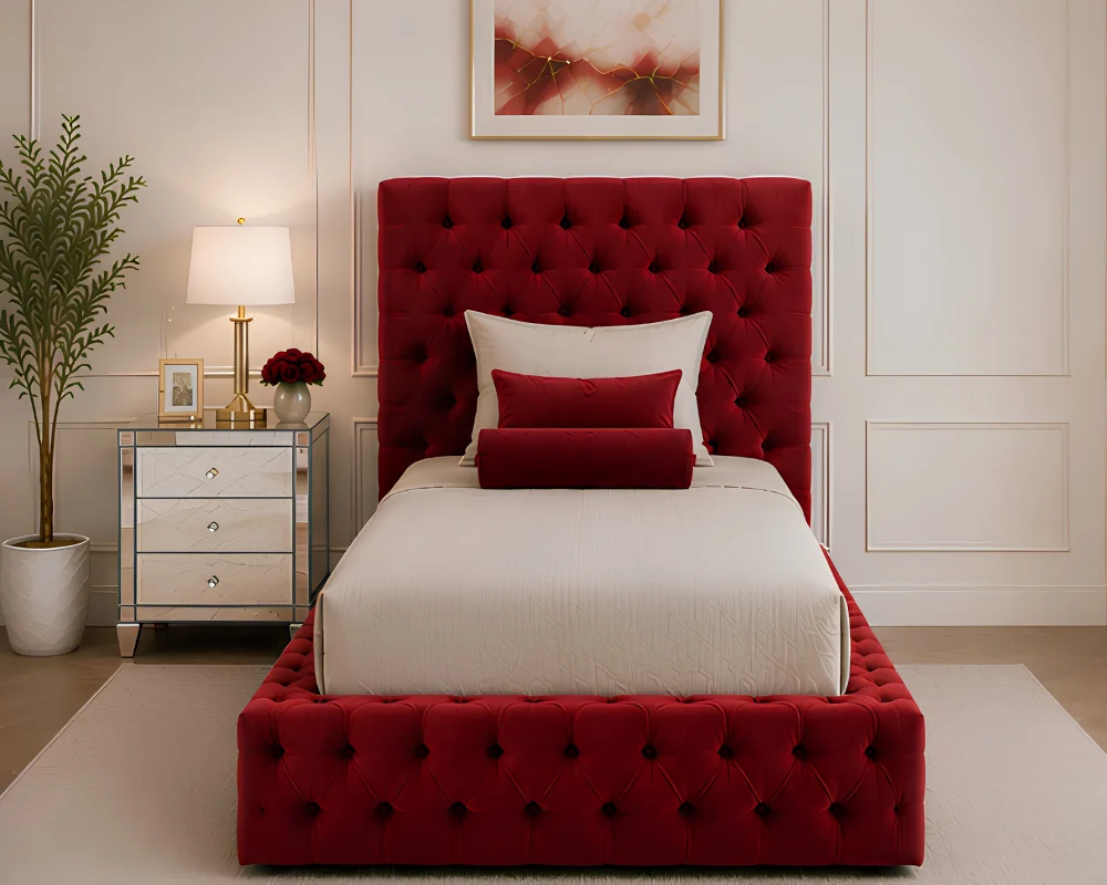 Crimson Velvet Bed Luxury Burgundy Red Single Bed with mattress – Elegant Button Tufted Bed Frame - Image 1