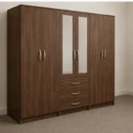 6 Door Wooden Wardrobe with 3 Drawers & Double Mirrors  –   Bedroom Storage Cabinet