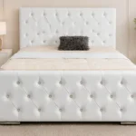 Premium Snow White Upholstered Bed – Glamorous Button Tufted Headboard & Footboard with mattress