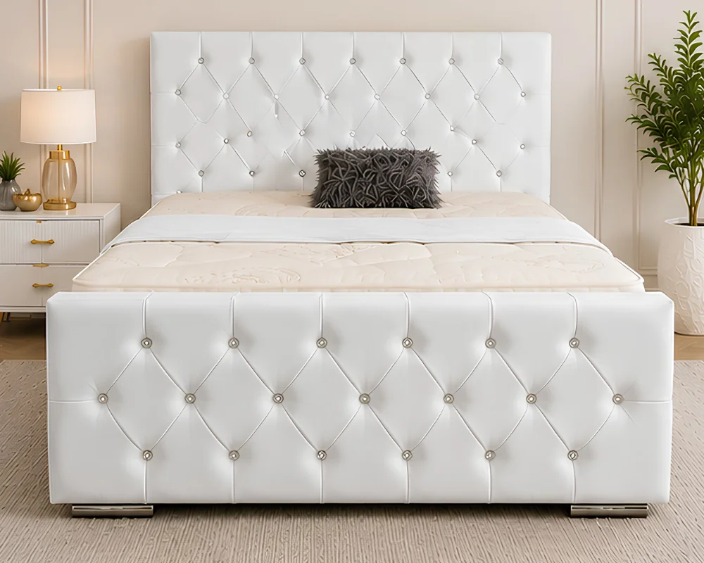 Elegant Bed with Buttoned Headboard Premium Snow White Upholstered Bed – Glamorous Button Tufted Headboard & Footboard with mattress - Image 1