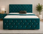 Modern Deep Teal Velvet Bed – Luxury Diamond Quilted Double Bed Frame with mattress