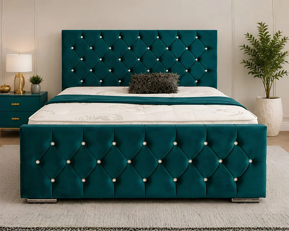 Elegant Bed with Teal Upholstered Headboard Modern Deep Teal Velvet Bed – Luxury Diamond Quilted Double Bed Frame with mattress - Image 1