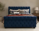 Designer Blue Upholstered Sleigh Double Bed - Premium Bed Frame with mattress