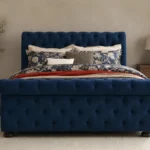Designer Blue Upholstered Sleigh Double Bed - Premium Bed Frame with mattress