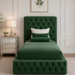 Modern Emerald Green Velvet Single Bed with mattress – Glamorous Button-Tufted Bedroom Design