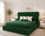 Emerald Green Velvet Double Bed with Mattress – Elegant Bed  160x200cm - Image 2