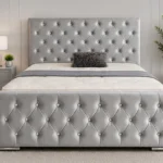 Plush Silver Grey Velvet Upholstery with Deep Diamond Tufting-Luxury Grey Velvet Bed with Mattress
