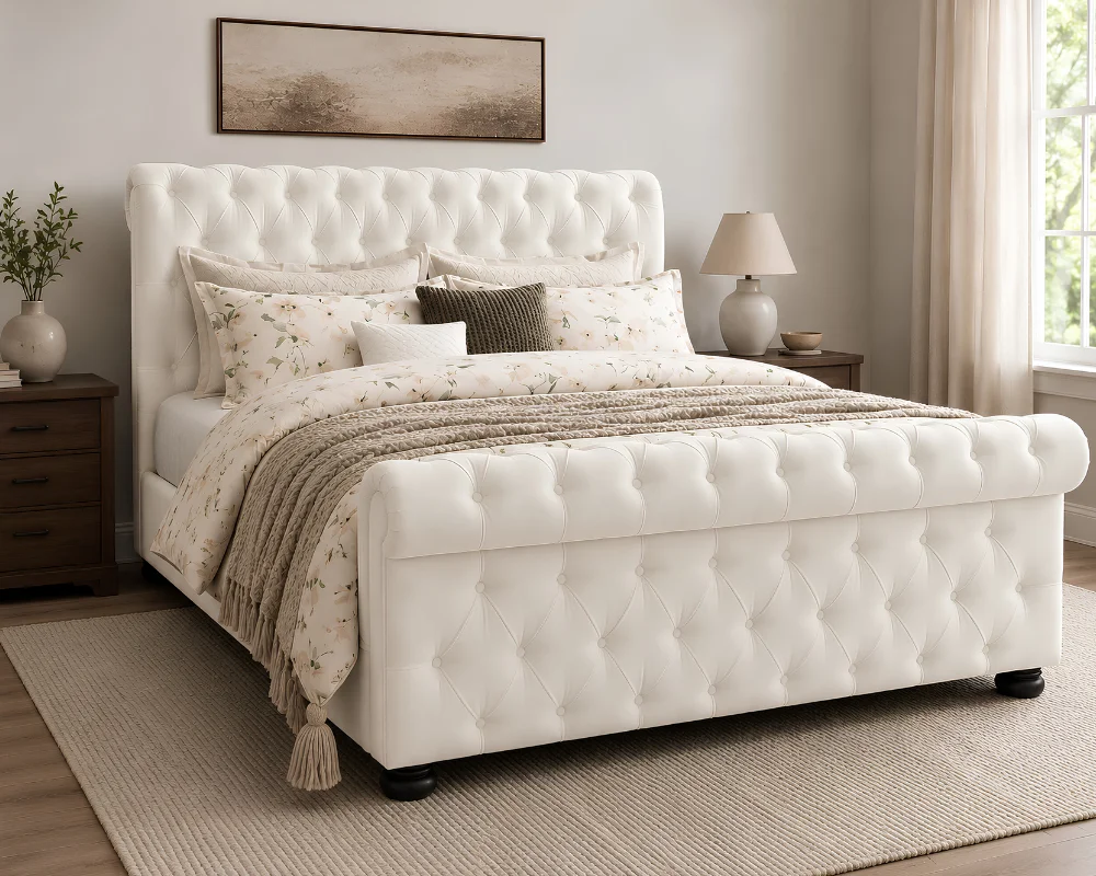 Elegant Tufted Bed with a Classic Headboard Contemporary Velvet King Size Sleigh Bed - 5ft Bed Frame - King Bed with Mattress - Image 1
