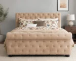 Beige Velvet Sleigh Double Bed Frame - 160x200cm Upholstered Bed with mattress