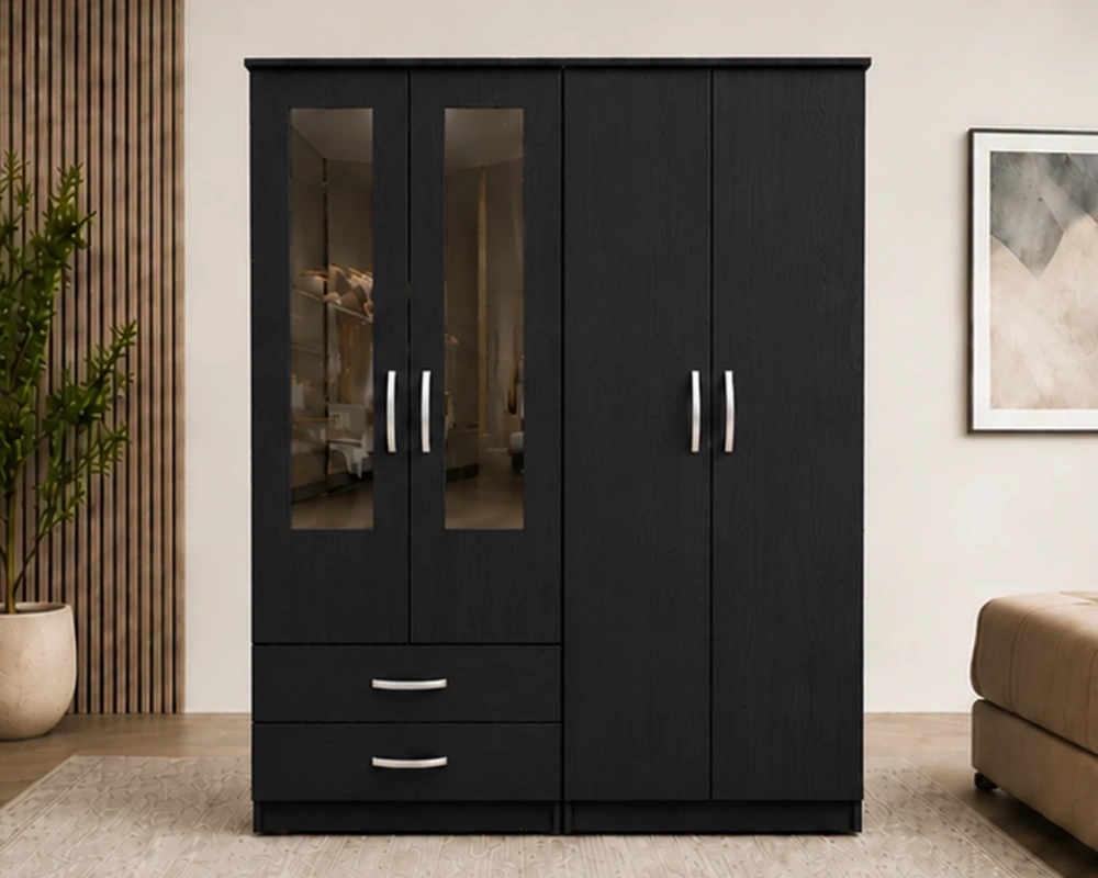 Functional 4-Door Bedroom Closet Spacious 4 Door Closet with 2 Mirrored Doors and 2 Practical Storage Drawers - Image 1