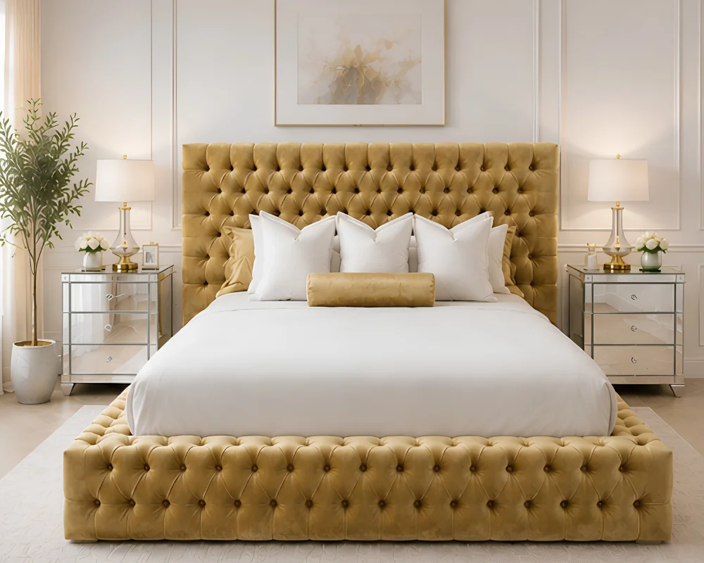 Golden Velvet Bed Frame The Golden Empress β Premium Velvet Super King Bed with mattress - Image 1