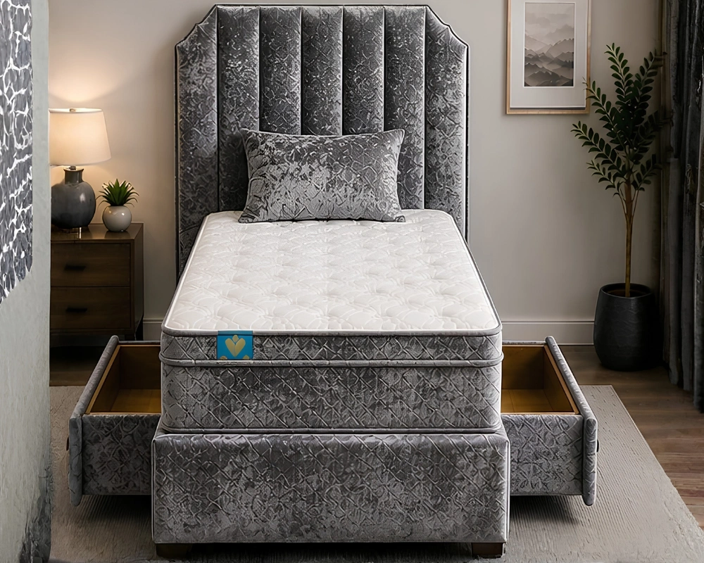 Graphite Grey Divan Bed 89 Elegant Charcoal Grey Divan Upholstered Bed – Contemporary Style–Single Bed with Mattress - Image 1