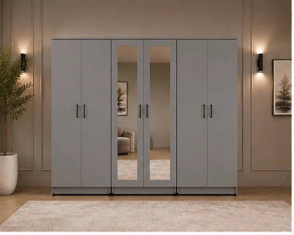 Grey Wardrobe – Front View Modern Grey 6 Door Wardrobe with 2 Full-Length Mirrors Spacious Bedroom Storage - Custom Colours & Sizes Available (Copy) - Image 1