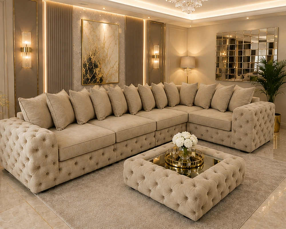 Luxurious Corner Sectional with Generous Family Seating Premium Beige L Shape Sofa – Elegant Tufted Corner Living Room Sofa - Image 1