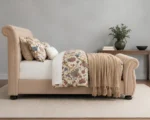 Beige Velvet Sleigh Double Bed Frame - 160x200cm Upholstered Bed with mattress - Image 2