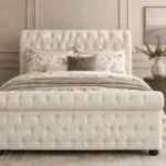 Premium White Upholstered Double Sleigh Bed with Headboard - Luxury Double Bed with mattress