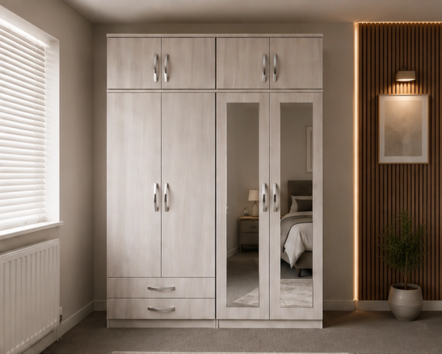 Luxury Bedroom Wardrobe 4 Door Wardrobe with Double Long Mirrors & 4 Storage Drawers - Image 1