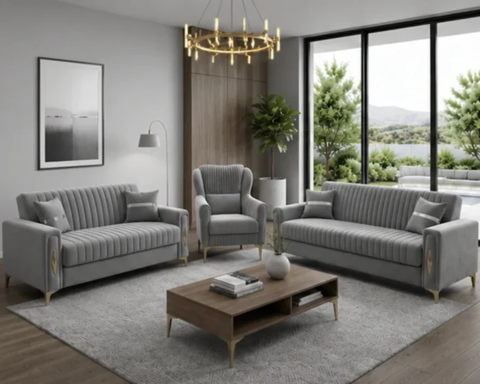 Luxury Turkish Sofa Set – Grey colour 3+2+1 Sofa Set with Gold Accents