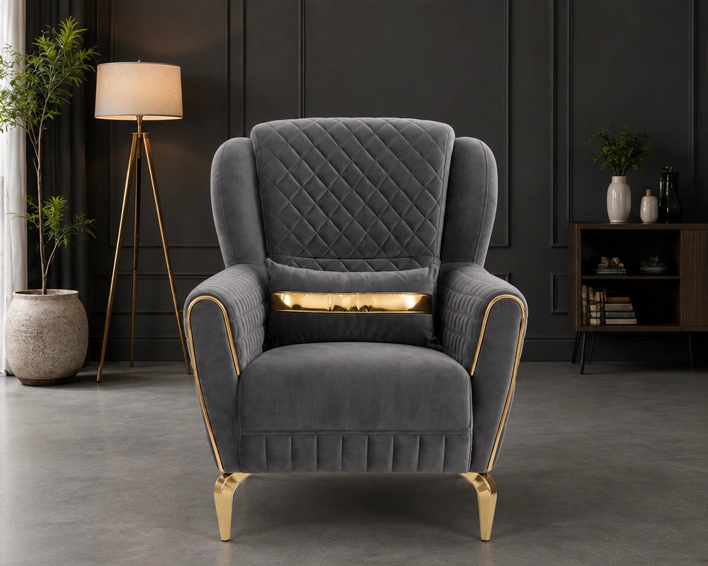 Luxury Grey Velvet Accent Chair ALTUS Turkish Sofa – Luxury Plush Velvet Modern Sofa for Living Room - Image 1