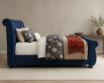 Designer Blue Upholstered Sleigh Double Bed - Premium Bed Frame with mattress - Image 3
