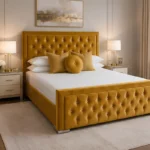 Golden Yellow Hilton 5ft King Bed With mattress – Elegant Tufted Headboard with Mattress