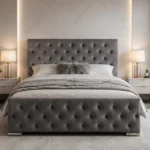 Contemporary Grey Velvet Bed with mattress – Diamond Button Tufted Double Bed Frame