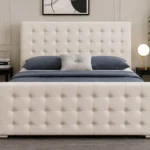 Cream Velvet Bed Frame with mattress – Elegant Deep Button Tufted Double Bed with Statement Headboard & Footboard