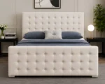 Premium Off-White Upholstered Bed with mattress – Glamorous Button Tufted Headboard & Footboard