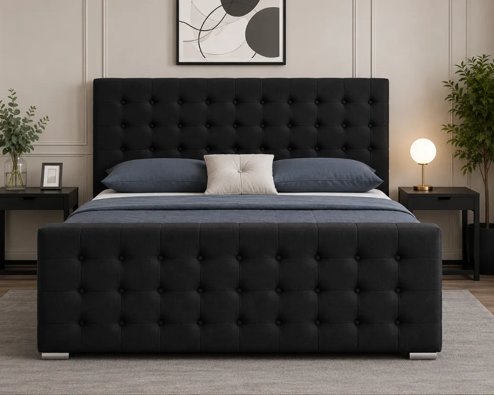 Modern Black Bed Frame Modern Black Upholstered Double Bed Frame with mattress – 160×200cm - Image 1