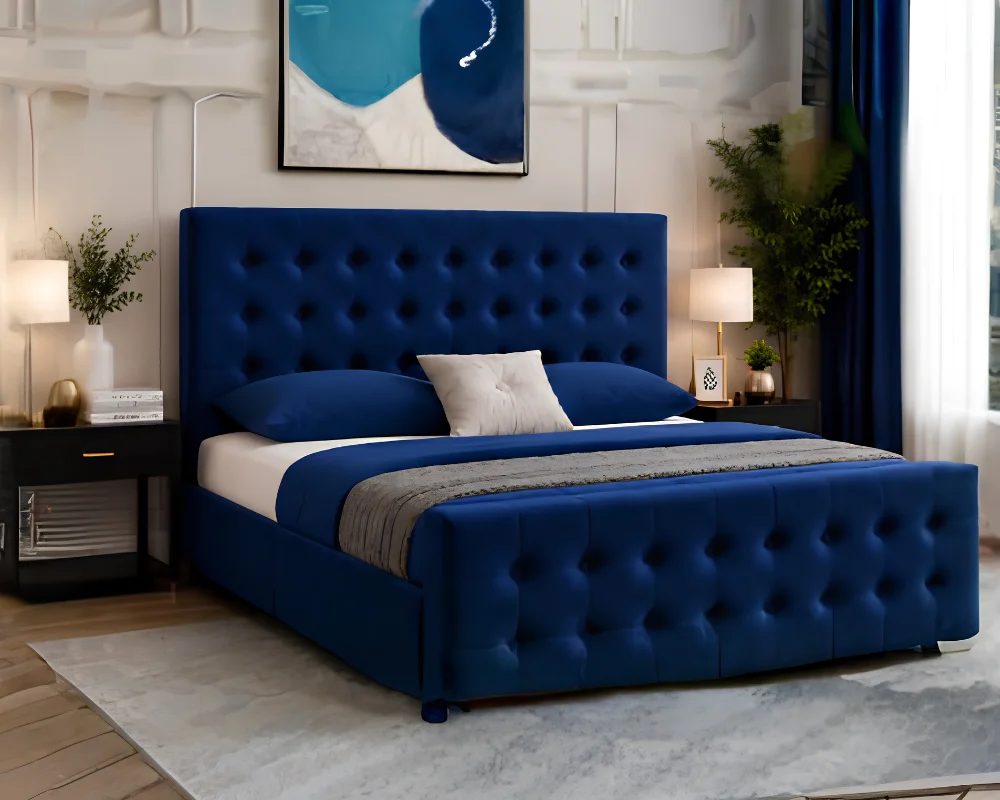 Modern Blue Upholstered Bed Frame Design Royal Blue Florida King Bed Frame – 5ft 180 × 200 cm with Premium Mattress - Image 1