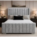 Grey Double Size Bed – Panel Wingback Bed Frame With Mattress – Double Size Bed160 x 200 cm